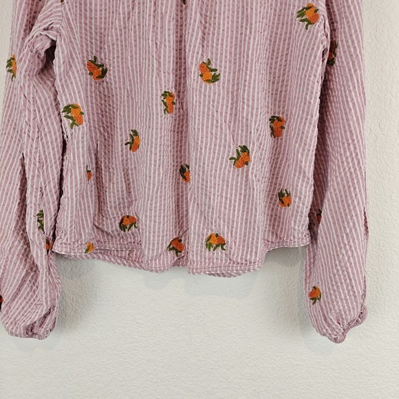 Anthropologie Maeve Embroidered Button down Shirt In Assorted Fruit Striped LG - Picture 10 of 15